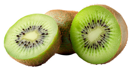 Fototapeta premium Fresh kiwi fruit slices with vibrant green texture isolated on transparent background