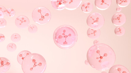 3D rendering Cosmetics Serum bubbles on defocus background. Collagen bubbles Design. Molecule inside a liquid bubble. Essence Ball Molecules.