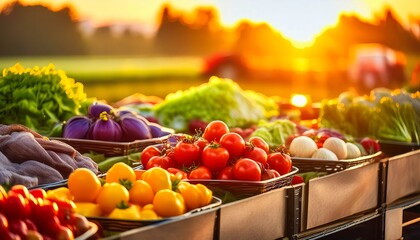 Sunrise market scene with vibrant tomatoes, bell peppers, and eggplants; a fresh, colorful display.

