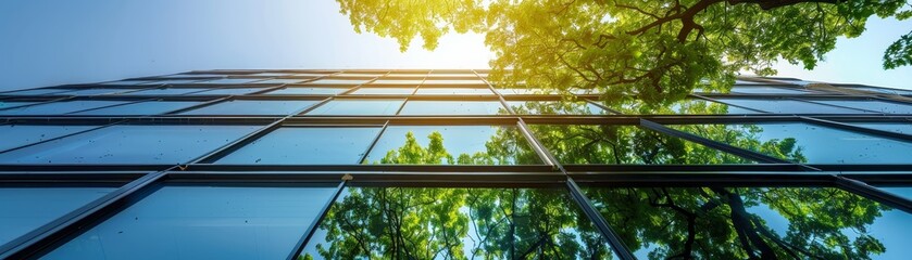 Fototapeta premium Green tree reflecting in shining glass walls of modern office building.