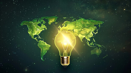 A light bulb brightly illuminating a green world map, each continent glowing distinctly, set against a backdrop of a night sky filled with stars,  - Powered by Adobe