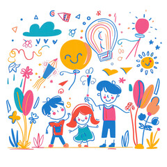 Rysunek przedstawia rodzinę składającą się z rodziców i dzieci trzymających balony. Na tle widoczne są gwiazdy, co dodaje uroku i radości całej scenie