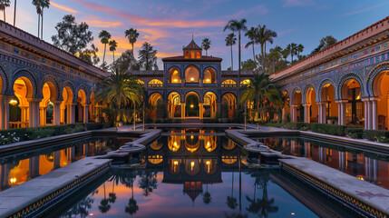 A lavish Moorish Revival estate at dusk, its intricate arches and vibrant tile work glowing under the evening sky, 