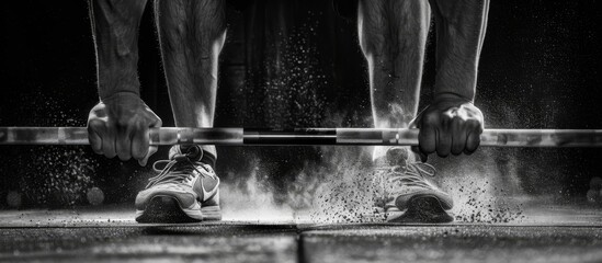 A barbell loaded with weights and surrounded by chalk dust sits ready for a deadlift exercise in a weightlifting gym