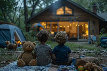 Capturing a serene evening, two young children gaze at a warmly lit cabin, lush forest, implying a sense of adventure and bonding