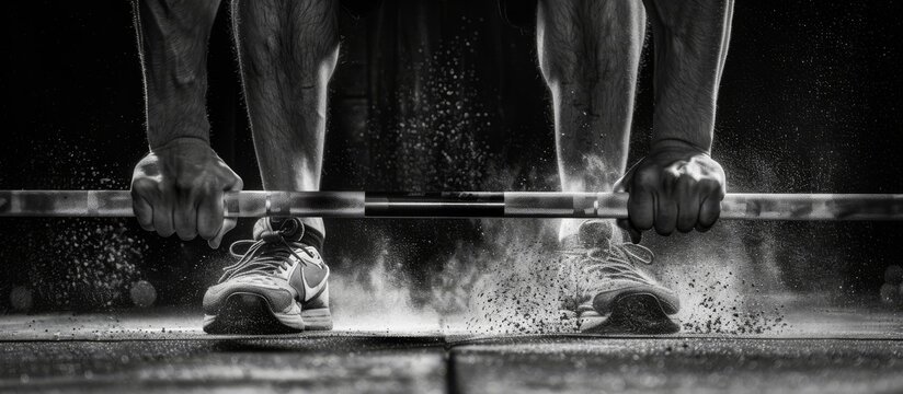 A barbell loaded with weights and surrounded by chalk dust sits ready for a deadlift exercise in a weightlifting gym