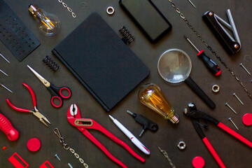 Many Tools on black background Set Craftsman tool , mechanical tools. Professional mechanic using...