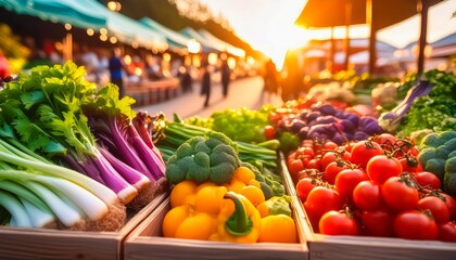 Bustling farmers' market at sunset, with vibrant broccoli, scallions, and bell peppers in rustic crates.