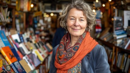   A woman, smiling, stands before a bookshelf, scarf draped around her neck