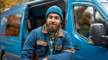   A bearded man in a blue jacket and hat stands before a blue van with its door open