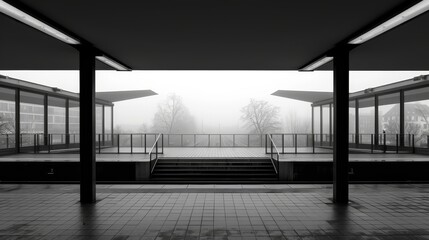   A monochrome image of staircase steps before a building, framed by foggy sky background
