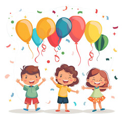 Grupa dzieci bawi się na podwórku, trzymając w rękach kolorowe balony i rzucając konfetti. Dzieci są uśmiechnięte i roześmiane, a w tle widać zieloną trawę i niebo