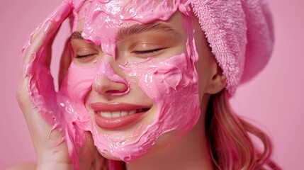   A close-up of a woman wearing a pink face mask and a pink towel on her head