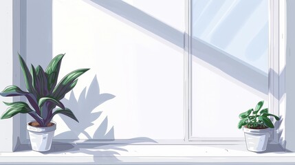   Two potted plants on a window sill, one next to the other