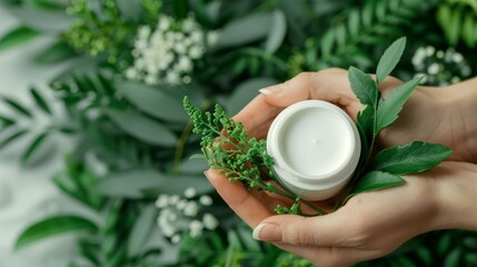   A person closely holds a small jar of cream against a backdrop of a plant adorned with white flowers - Powered by Adobe