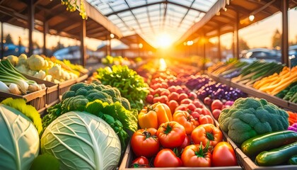 Covered outdoor market at sunset, rich in vibrant tomatoes, broccoli, and bell peppers, all displayed in wooden crates.