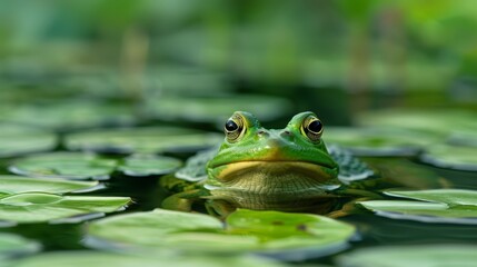   A tight shot of a frog over a tranquil pond, teeming with lily pads beneath and trees framing the backdrop