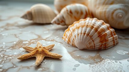 Seashells And A Starfish On A Wet Surface, Highlighting Their Intricate Textures.