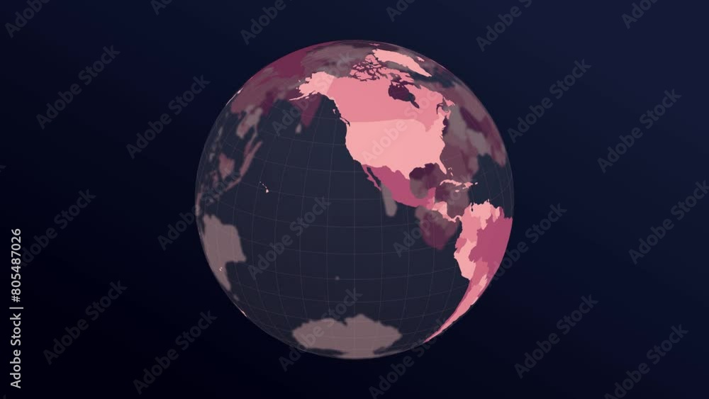 Poster the globe with world map. dark translucent earth planet in dark pink colors rotating. second turn ch