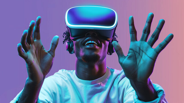 African american man with VR headset exploring metaverse world