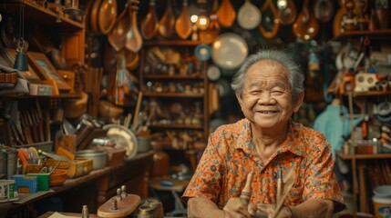   An old woman sits at a table, a wooden spoon in hand before a wall of pots and pans