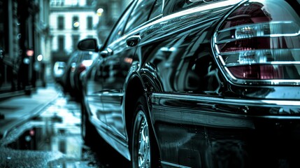   A black car is parked beside a tall building; the structure bears a clock on its side