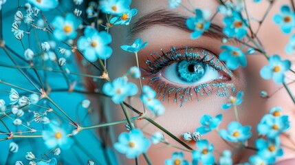   A tight shot of a woman's blue eye, framed by blue flowers in the foreground and more flowers behind