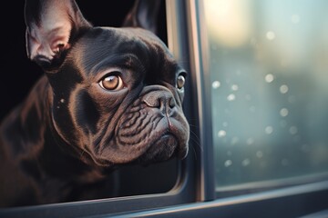 A French Bulldog with glossy black fur perks up its ears.