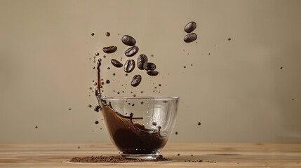   A glass brimming with coffee beans sits atop a weathered wooden table Nearby, a cup pours coffee beans