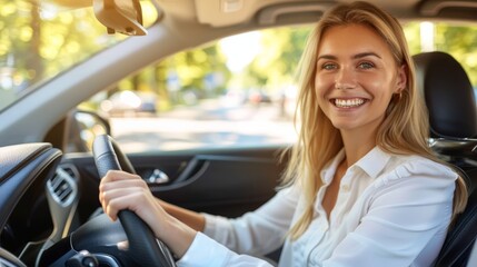   A woman joyfully smiles at the camera while gripping the steering wheel