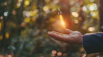   A tight shot of a hand holding a lit sparkler in front of a forest backdrop - Powered by Adobe