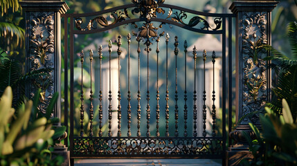 A high-resolution image of a luxury house's detailed entrance gate, crafted from wrought iron and...