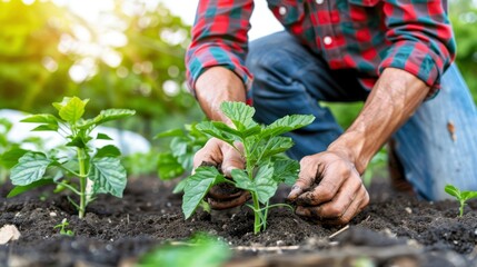   A close-up of a person kneeling in a field, surrounded by dirt and growing plants