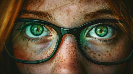  her expressive green eyes are framed by freckled skin