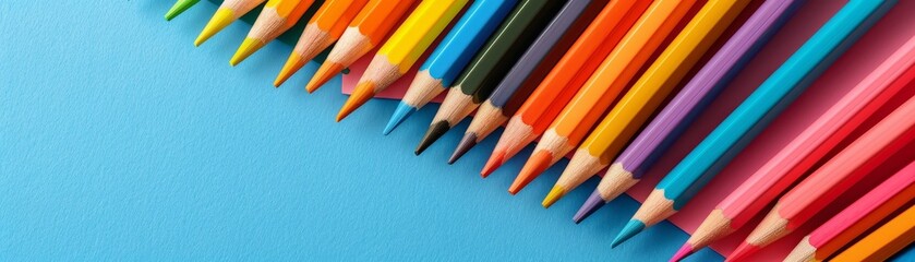 Fototapeta premium Colorful paper and pencils on bright vivid background with copy space 