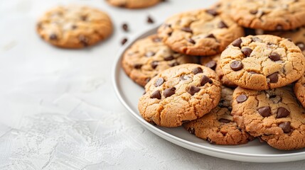   A plate, filled with chocolate chip cookies, sits on a white tablecloth Chocolate chips scatter the area around the plate