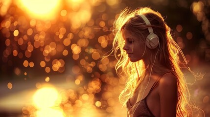   A young girl, wearing headphones, stands before a radiant backdrop Foreground features softly focused lights - Powered by Adobe