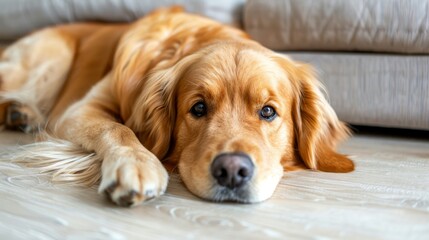   A tight shot of a dog resting on the floor, head and paws touching the ground