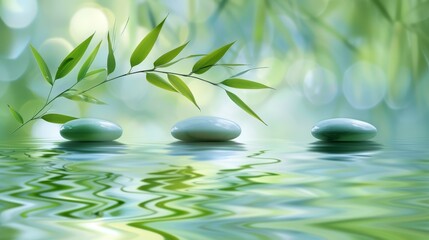   A collection of stones atop a water body, backed by a verdant tree with leafy foliage