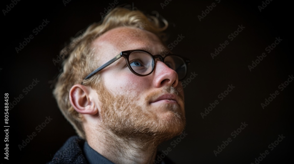 Wall mural   A man with a beard and glasses gazes up at the sky, his expression serious