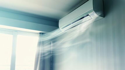   A white air conditioner atop a window sill, beside an open window with a curtain veiling its presence