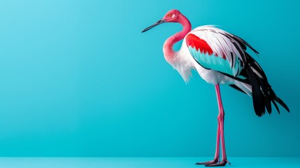 Fototapeta premium A flamingo stands on a blue surface, legs spread wide, head turned to the side