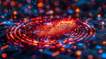   A tight shot of a fingerprint on a circuit board, where red and blue lights are situated in its center