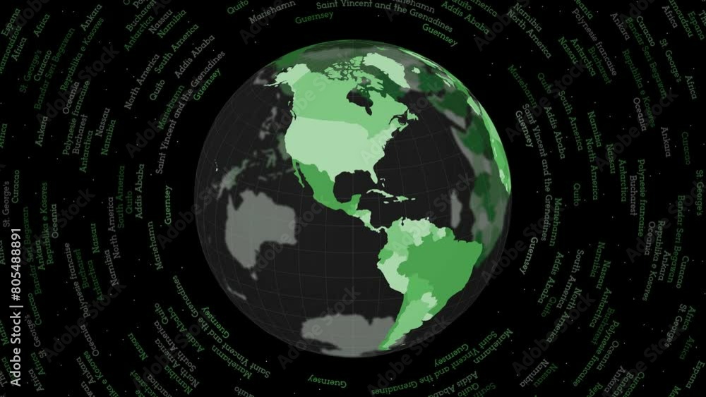 Poster rotating globe. dark translucent globe with round geographical names text. astonishing spinning plan