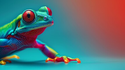   A tight shot of a vivid frog against a blue backdrop, displaying a red-eyed frog perched on its back legs