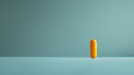   An orange pill sits atop a table, near a blue wall, with light blue walls behind it