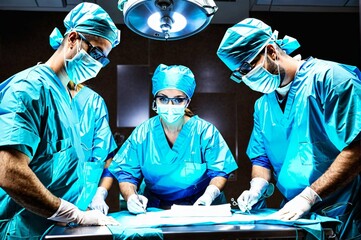 Three surgeons are working together in a hospital operating room