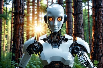 A robot is standing in a forest with a sun shining on it