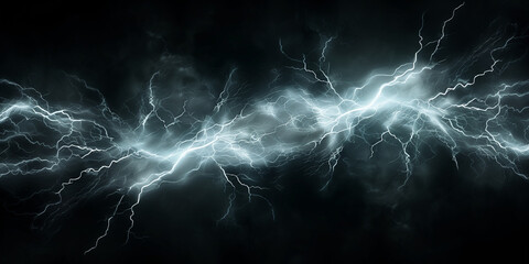 Glowing lightning abstract background. Lightning luminous lines concept poster. Glowing decorative horizontal banner. Digital raster bitmap illustration. AI artwork.