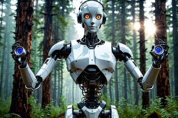 A robot with blue eyes and white body stands in a forest